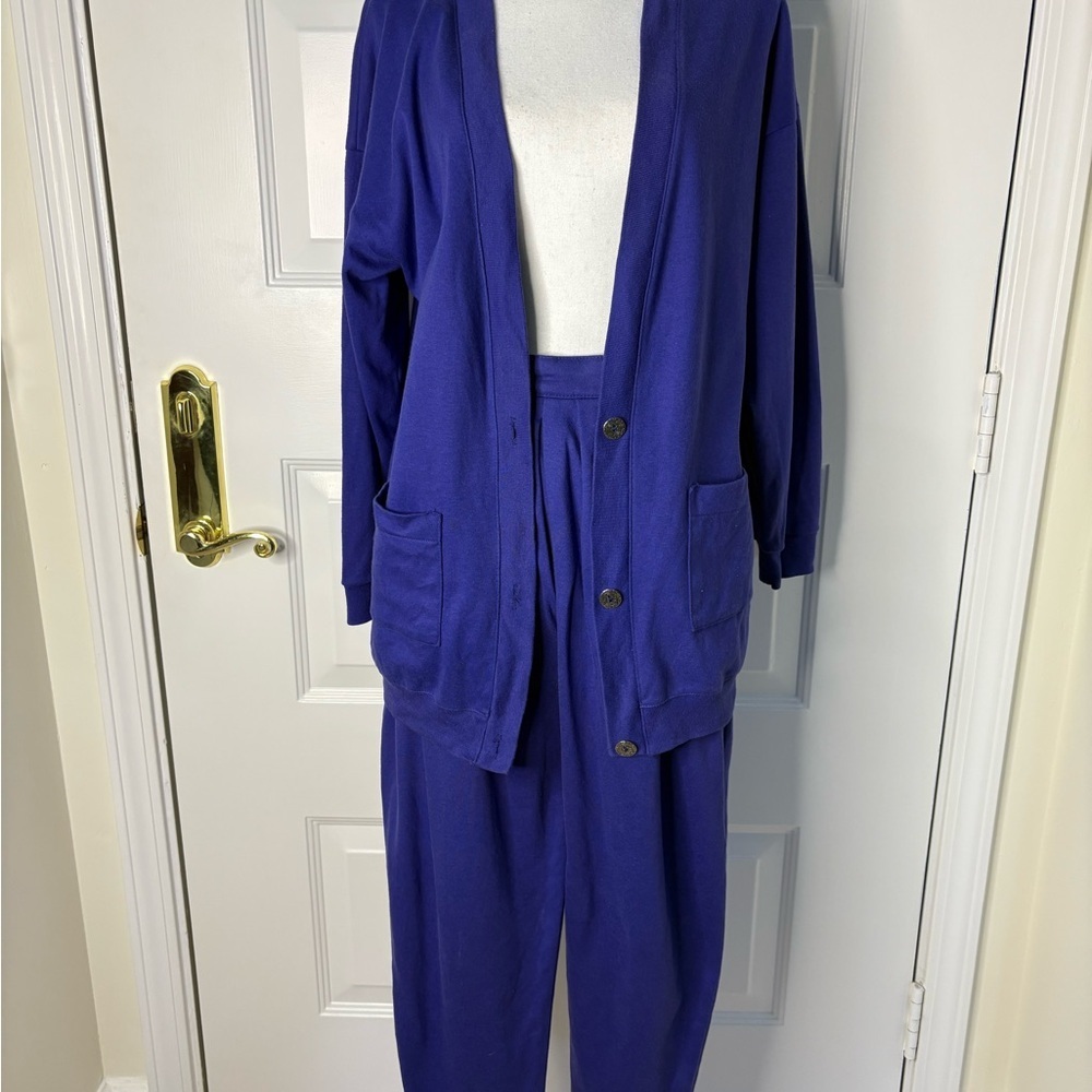 Selections by Manor House Blue Button-Up Cardigan and Pants Set. Y2K